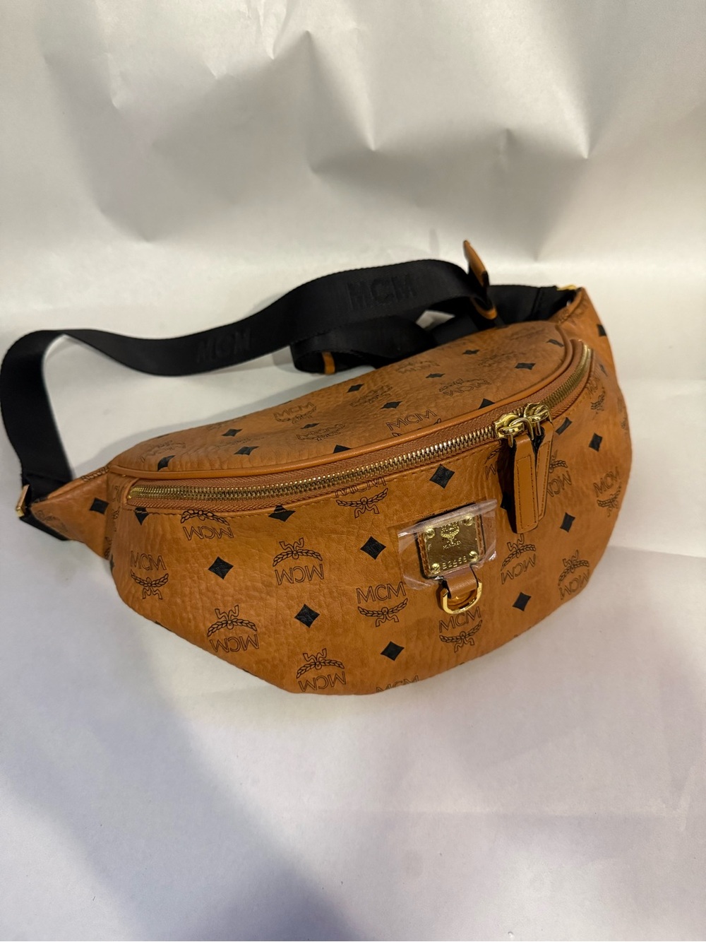 MCM Cognac Monogram Visetos Belt Bag with Gold Hardware Used Very Good Condition